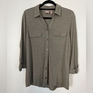 Chico’s Collared Henley Green-brown 3/4 Sleeves W/ Roll Tab Sz 1 (Medium 8)